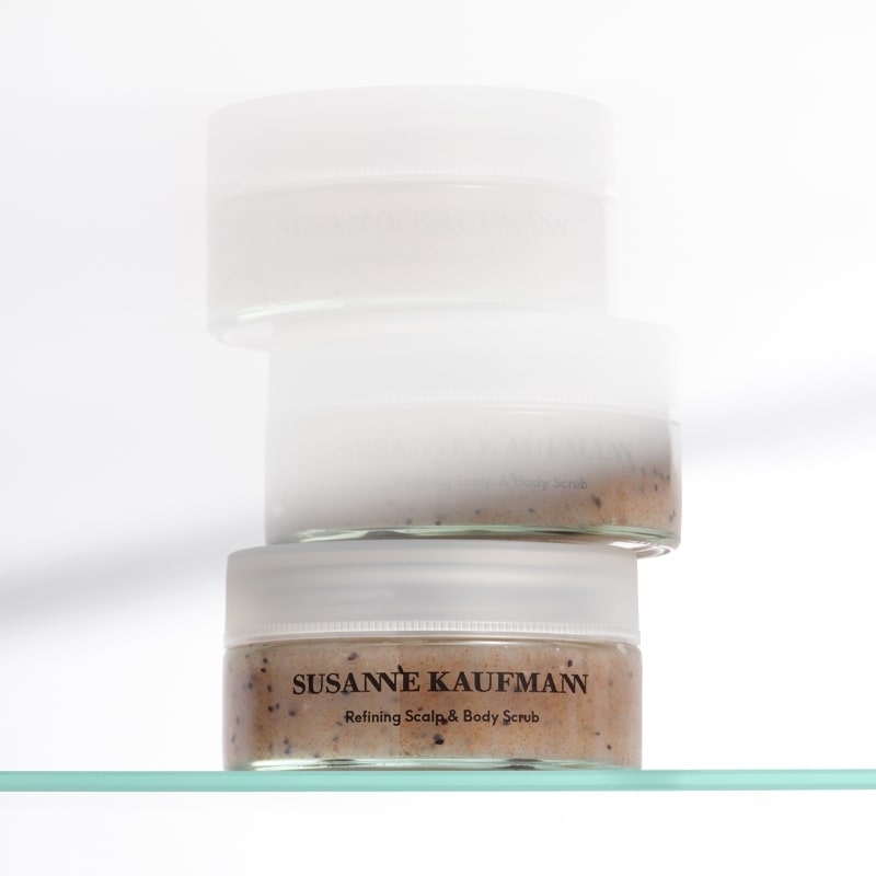 Susanne Kaufmann Refining Scalp & Body Scrub (200 ml) - lifestyle of jars stacked