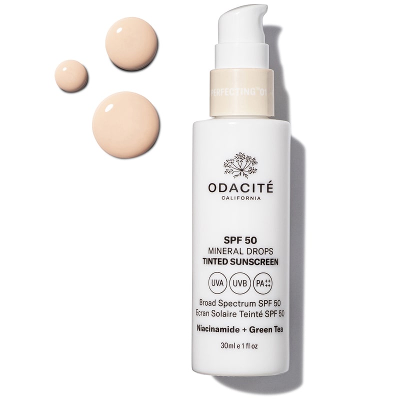 Odacite SPF 50 Flex-Perfecting™ Mineral Drops Tinted Sunscreen - ONE - Product shown next to droplets showing color and texture