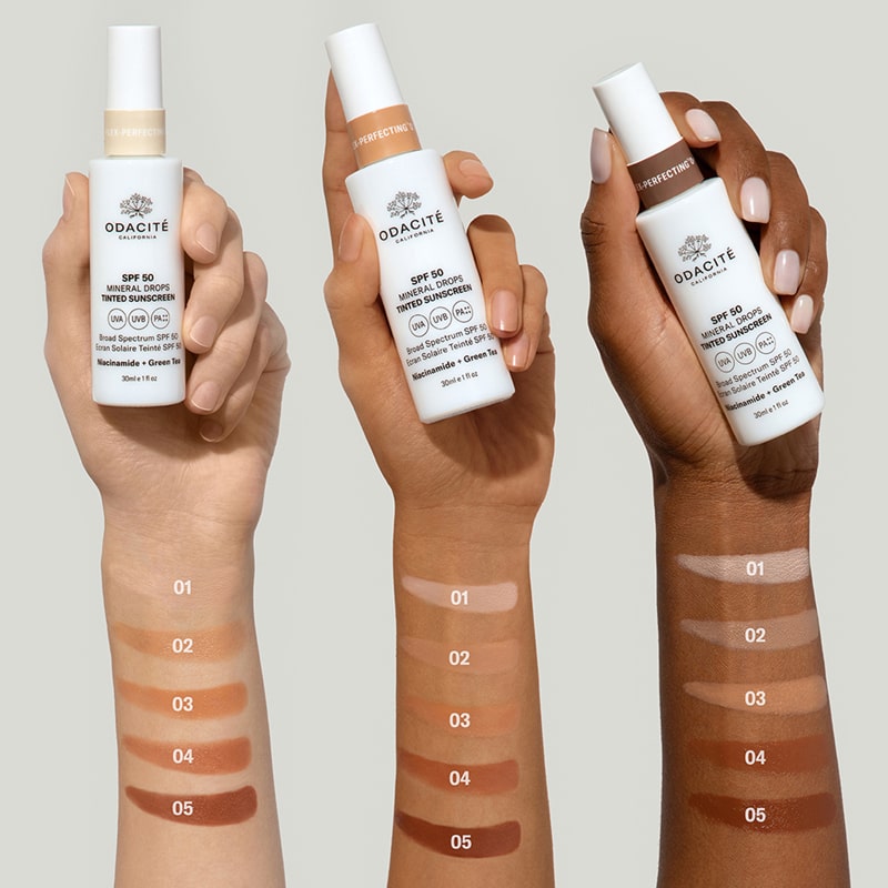 Arm swatches on various skin tones of the SPF 50 Flex-Perfecting Mineral Drops Tinted Sunscreen color options