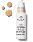 Odacite SPF 50 Flex-Perfecting™ Mineral Drops Tinted Sunscreen - TWO - Product shown next to product droplets showing color and texture