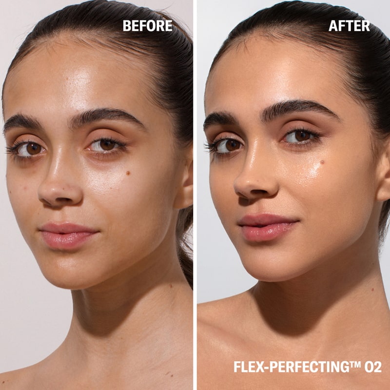 Before and after image of model with and without Odacite SPF 50 Flex-Perfecting™ Mineral Drops Tinted Sunscreen (30 ml) - TWO