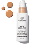 Odacite SPF 50 Flex-Perfecting™ Mineral Drops Tinted Sunscreen - THREE - Product shown next to droplets showing color and texture
