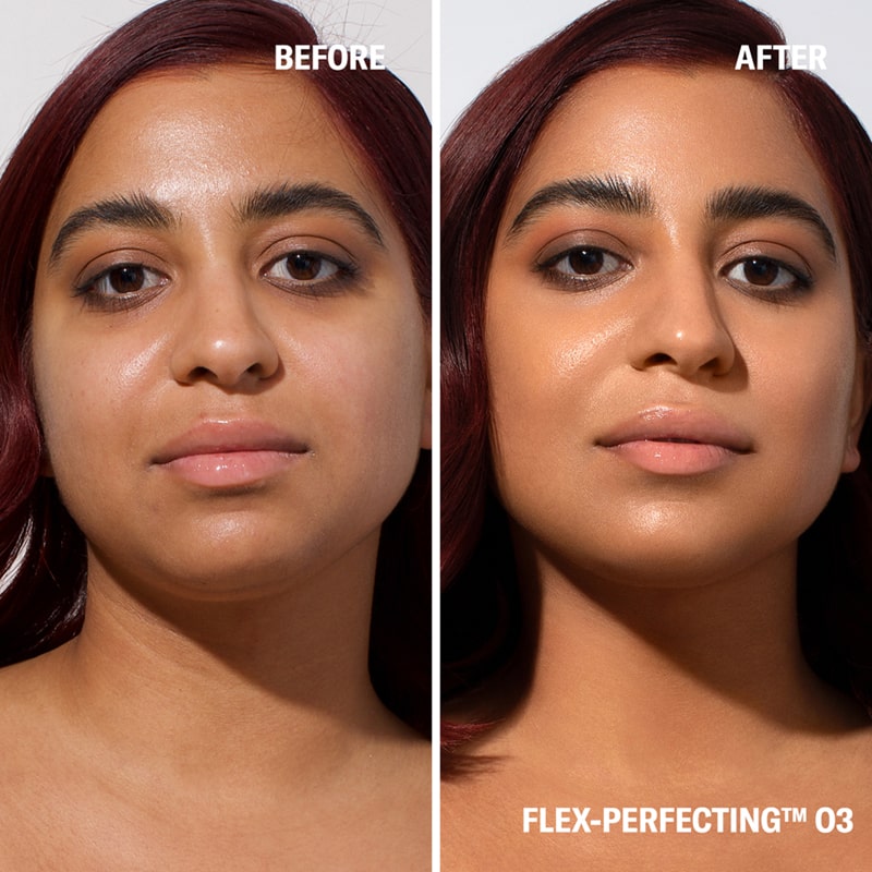 Before and after image of model with and without Odacite SPF 50 Flex-Perfecting™ Mineral Drops Tinted Sunscreen - THREE 