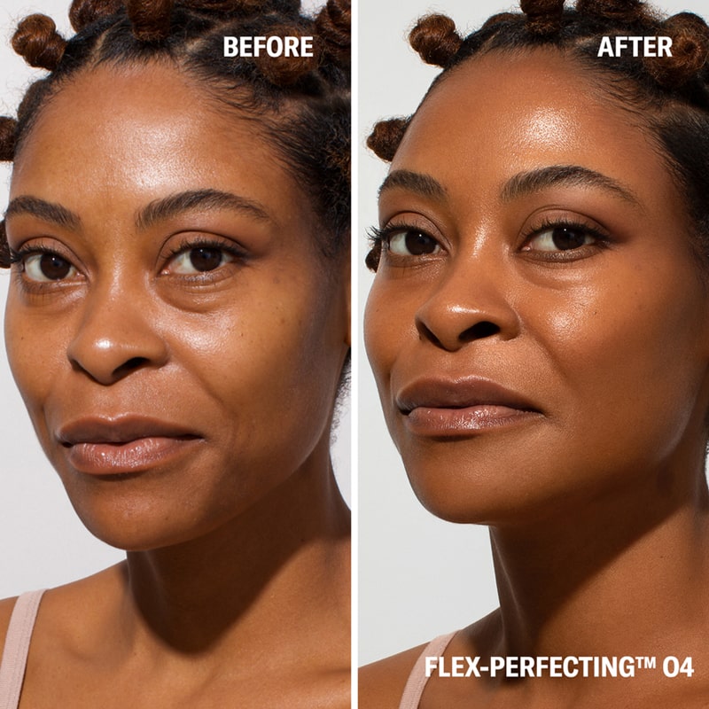 Before and after image of model with and without Odacite SPF 50 Flex-Perfecting™ Mineral Drops Tinted Sunscreen - 30 ml - FOUR 