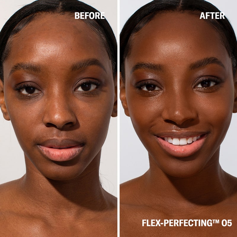 Before and after image of model with and without Odacite SPF 50 Flex-Perfecting™ Mineral Drops Tinted Sunscreen (30 ml) - FIVE