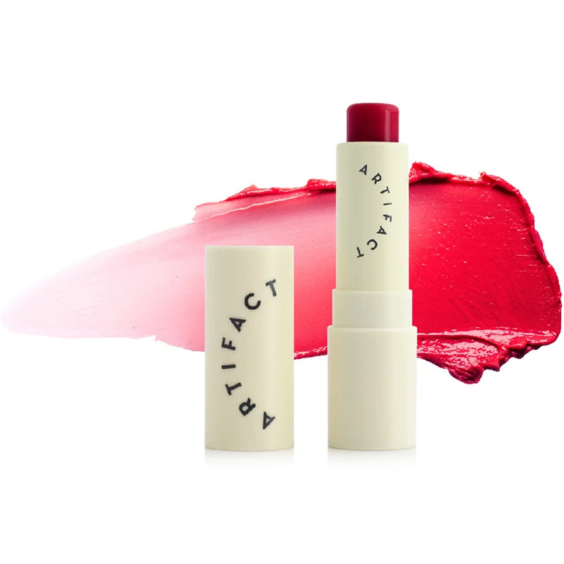 Artifact Soft Sail Blurring Tinted Lip Balm - Sailing School 10 g showing open tube with color swatch in background