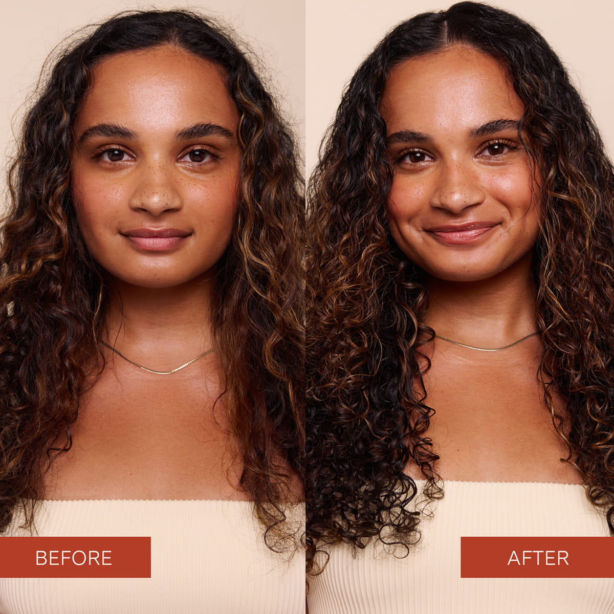 Before and after comparison of a woman with long, curly dark brown hair, showing the hair texture and volume improved on the right side using Rahua Enchanted Island Vegan Curl Butter. The left side is labeled 'BEFORE' and the right side is labeled 'AFTER'
