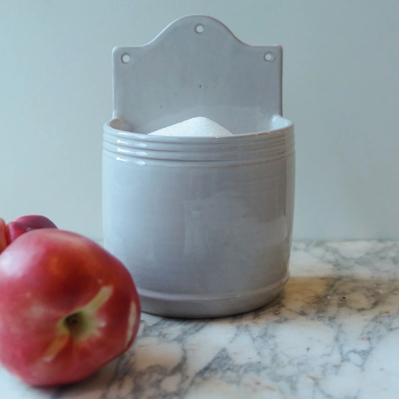 French Dry Goods Kitchen Essentials – Wall Hanging Salt Holder- Product shown filled with salt