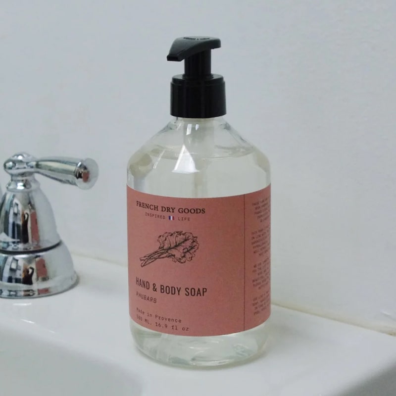 French Dry Goods Hand &amp; Body Soap – Rhubarb - Product displayed on bathroom sink