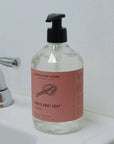 French Dry Goods Hand & Body Soap – Rhubarb - Product displayed on bathroom sink