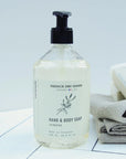 French Dry Goods Hand & Body Soap – Verbena - Product shown on wood table