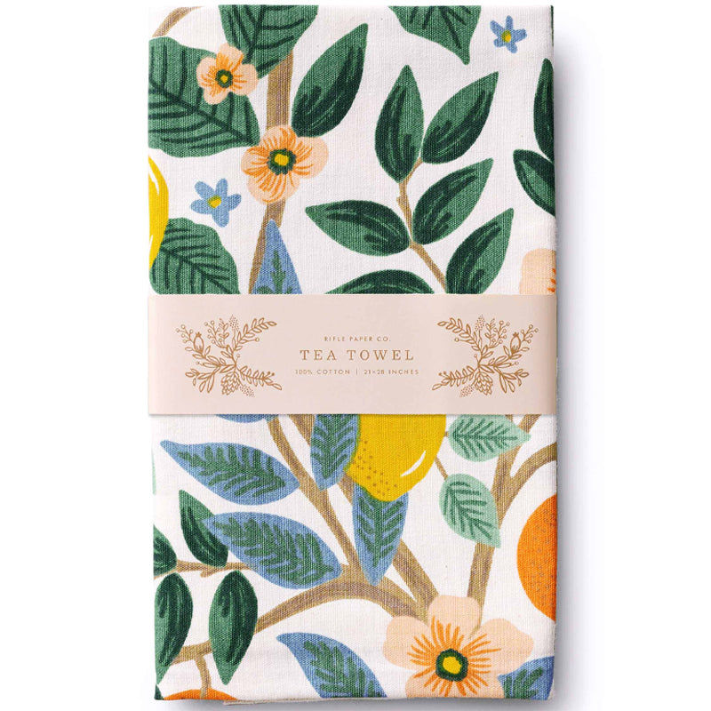 Rifle Paper Co. Citrus Grove Tea Towel - Product shown in packaging