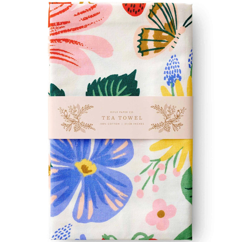 Rifle Paper Co. Strawberry Fields Tea Towel - Product shown in packaging