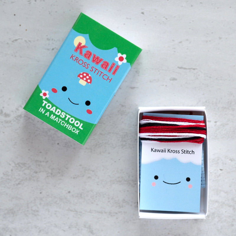 Marvling Bros Ltd Kawaii Toadstool Mini Cross Stitch Kit In A Matchbox - Product box shown open