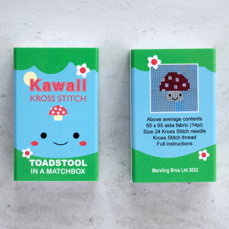 Marvling Bros Ltd Kawaii Toadstool Mini Cross Stitch Kit In A Matchbox - Front and back of product box shown
