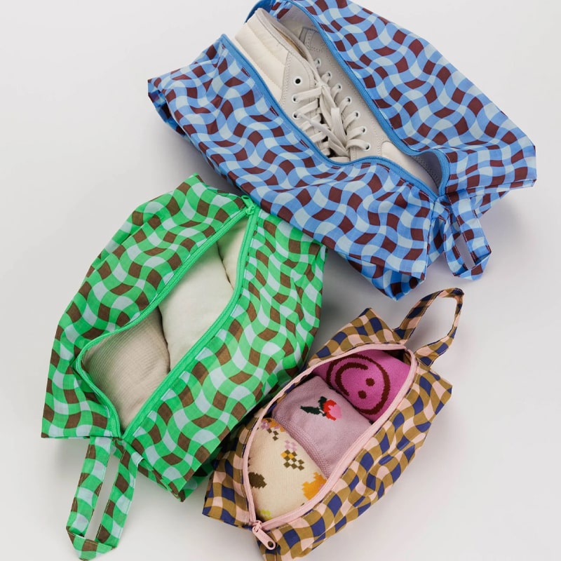 Baggu 3D Zip Set - Wavy Gingham - cases opened with items inside
