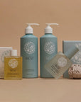 Roz The Healthy Hair Kit - all products lined up with a rock lifestyle
