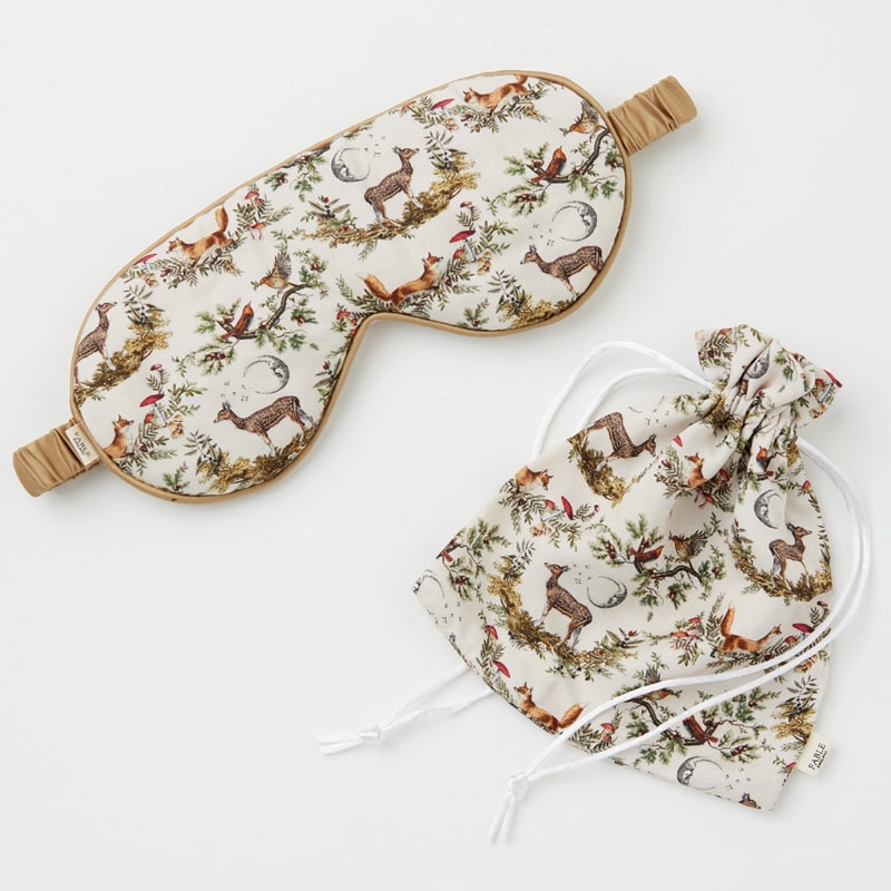 Fable England A Night's Tale - Crystal Grey Woodland Scene Sleep Mask- Product shown next to pouch