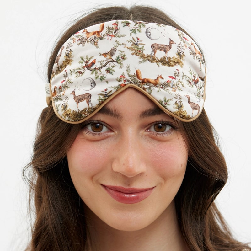 Fable England A Night's Tale - Crystal Grey Woodland Scene Sleep Mask - Model shown with product on head
