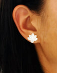 YSIE Lotus Mother-Of-Pearl Gold Plated Earrings - Model shown wearing product