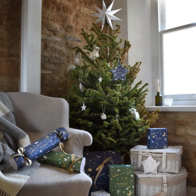 Bamford Christmas Star Gift - Blue - Beauty shot of product with Christmas tree