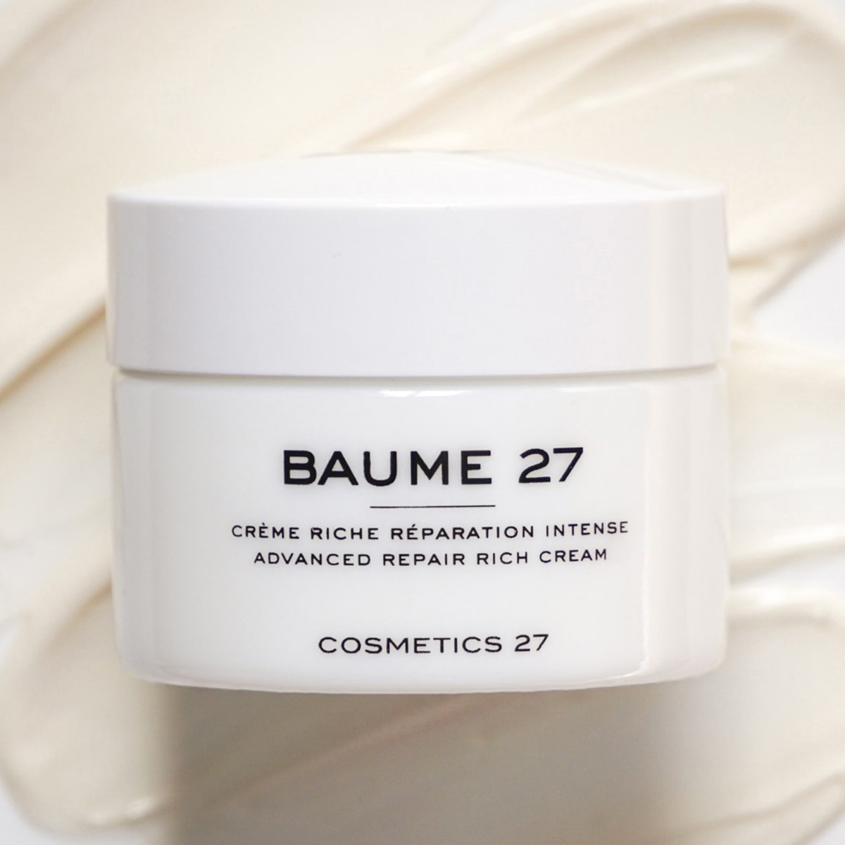 Baume 27 Advanced Formula Advanced Repair Rich Cream (50 ml) - product shown on top of swatch. 