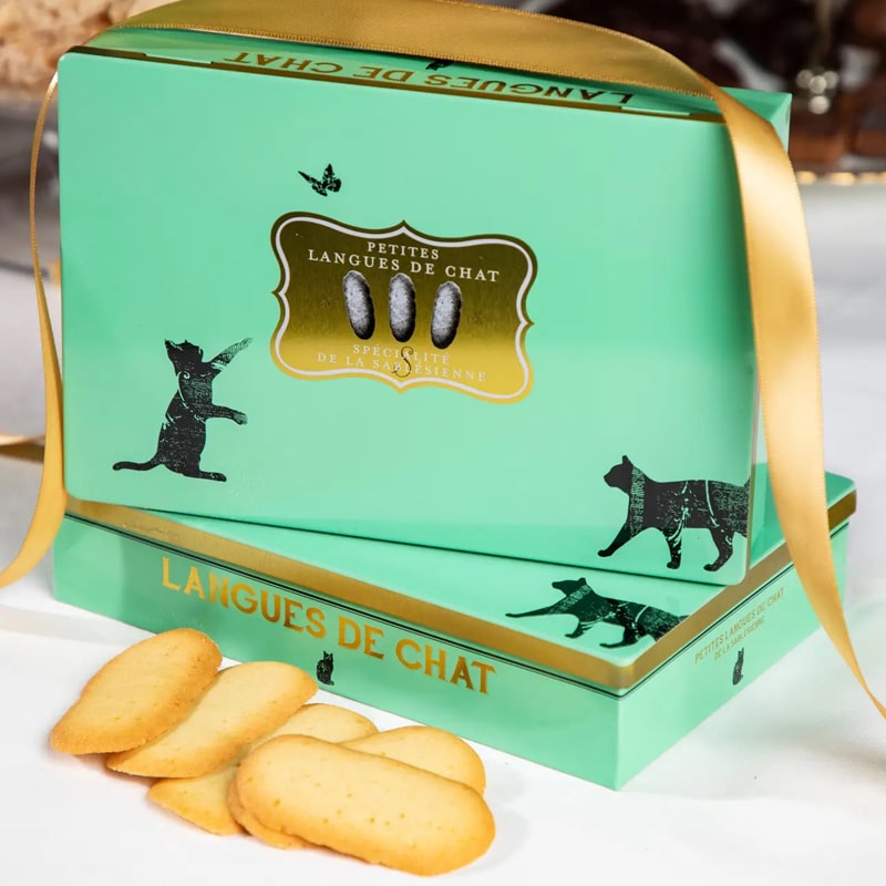 La Sablesienne Pastry Cat Language Box - lifestyle photo showing cookies and packaging