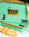 La Sablesienne Pastry Cat Language Box - lifestyle photo showing cookies and packaging