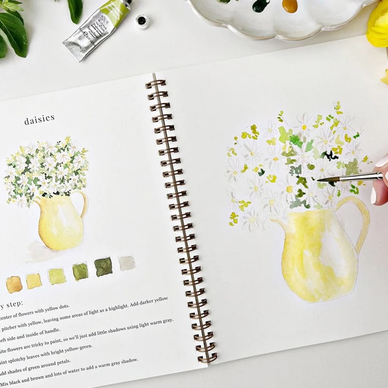 Emily Lex Studio Flowers Watercolor Workbook - open workbook showing content and illustrations