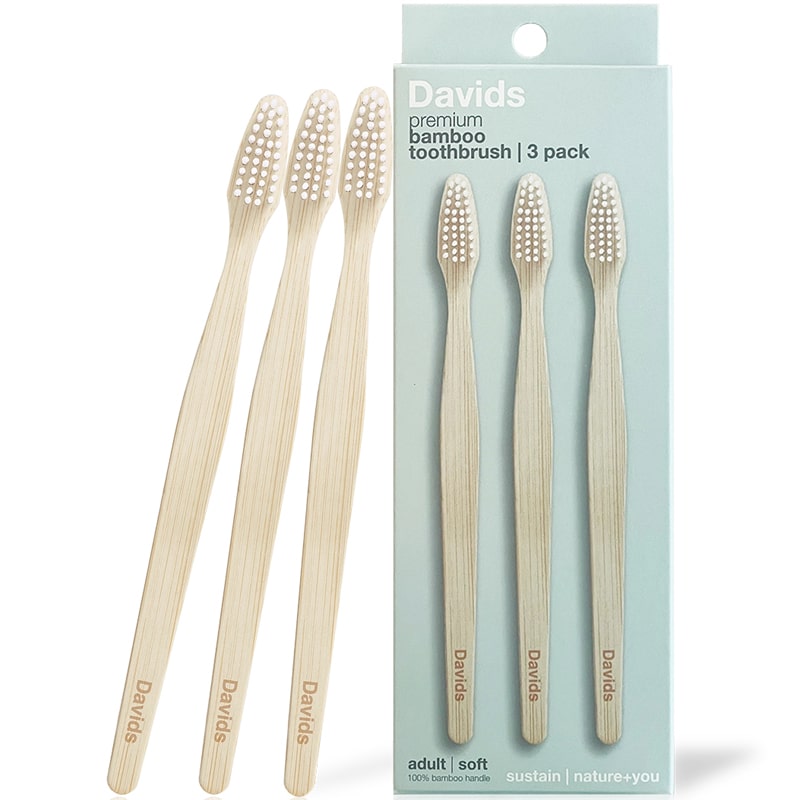 Davids Premium Bamboo Toothbrush (3 pack) shown beside box