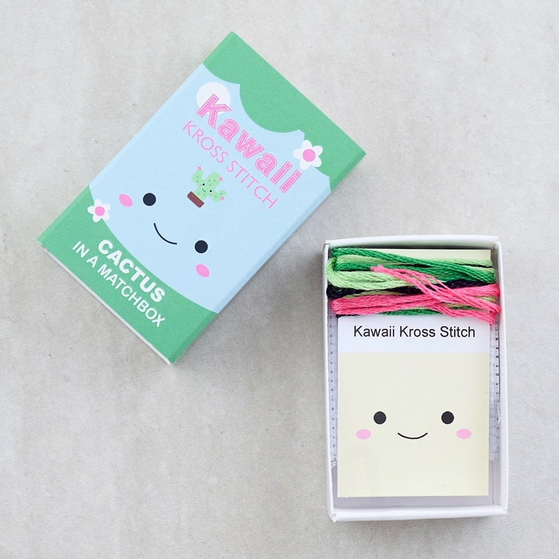 Marvling Bros Ltd  Kawaii Cactus Cross Stitch Kit In A Matchbox showing open box with lid to the side