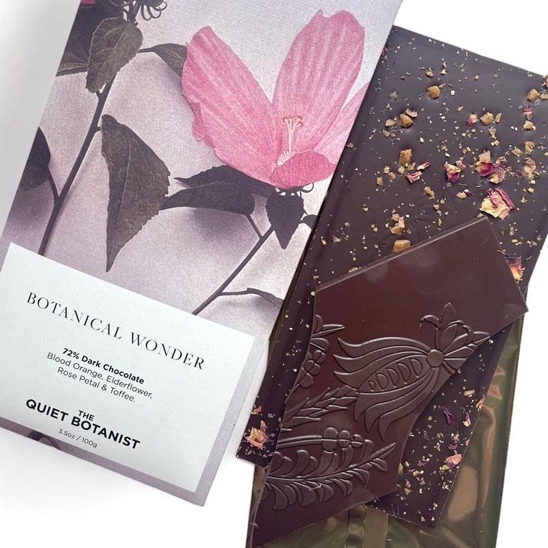 The Quiet Botanist Botanical Wonder Chocolate Bar - Product shown next to packaging