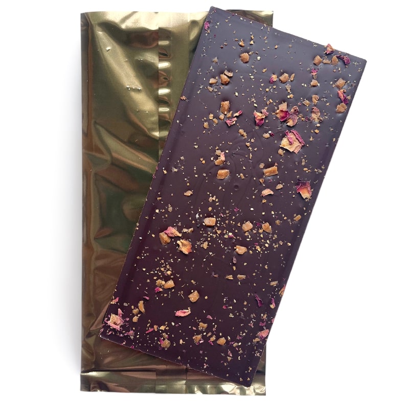 The Quiet Botanist Botanical Wonder Chocolate Bar - Product shown next to inner wrapper
