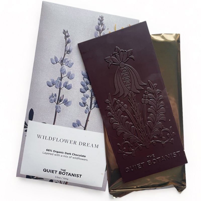 The Quiet Botanist Wildflower Dream Chocolate Bar - Product shown next to packaging