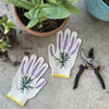My Little Belleville Lavender Gardening Gloves - products shown next to planters and garden sheers