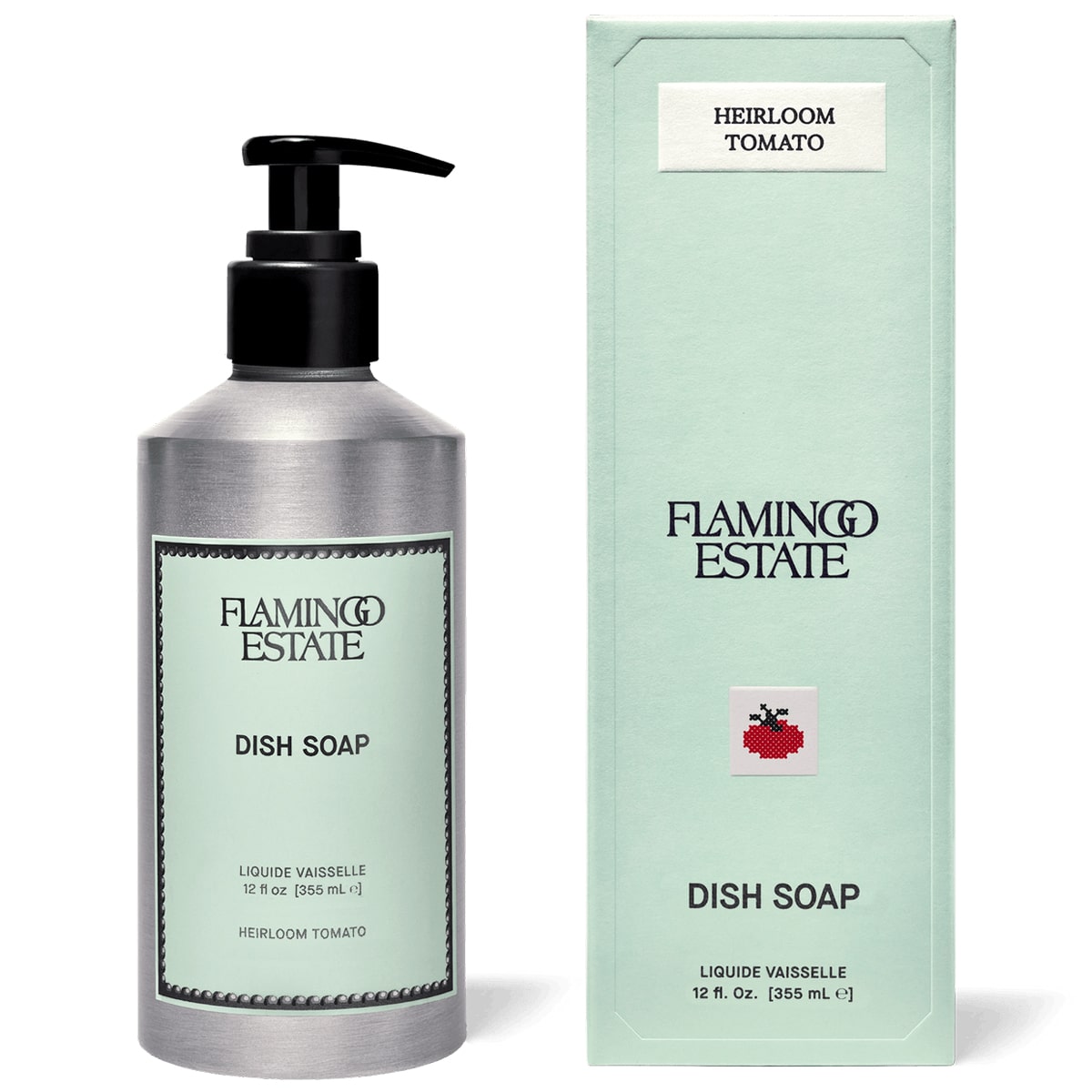 Flamingo Estate Organics Roma Heirloom Tomato Dish Soap (355 ml) - product shown next to packaging.