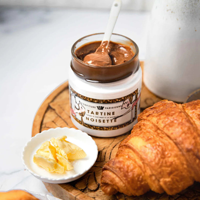 Confiture Parisienne Hazelnut Spread - Product shown on wood serving tray