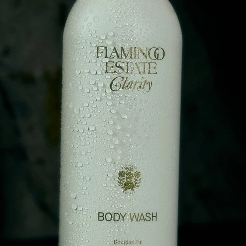 Flamingo Estate Organics Peppermint &amp; Juniper Berry Body Wash - bottle with water drops on it