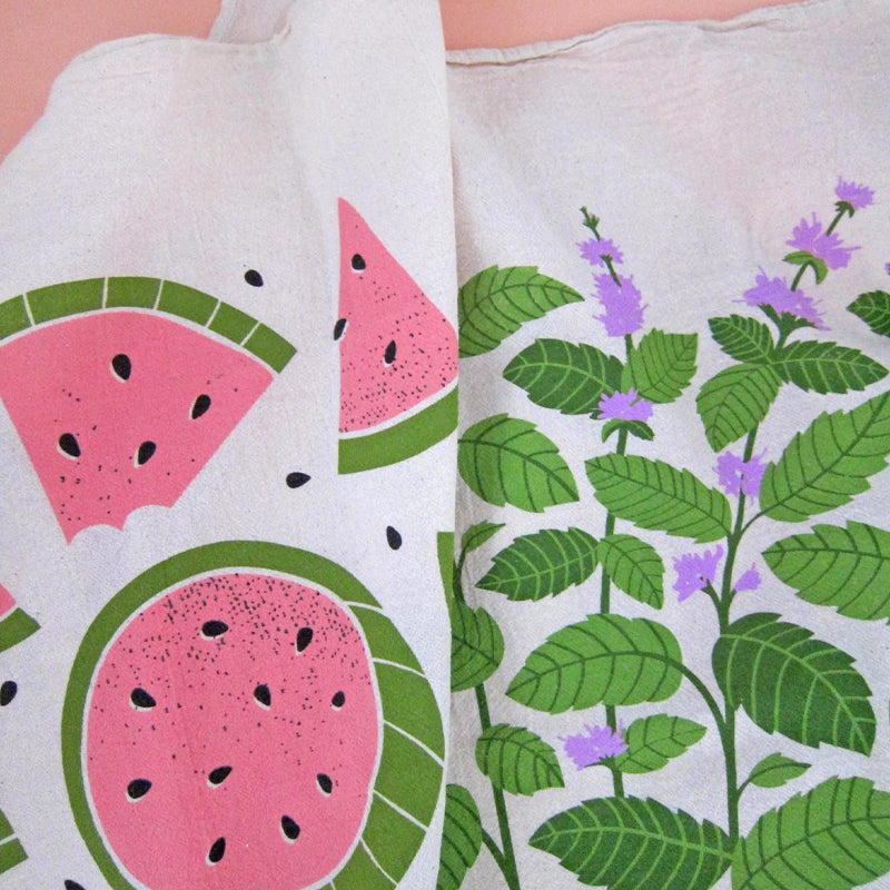 The Neighborgoods Mint &amp; Melon Dish Towel Set- Closeup of product design