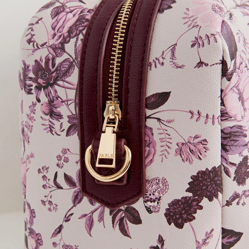 Fable England Large Bowling Bag - Plum Rambling Floral - Closeup of zipper