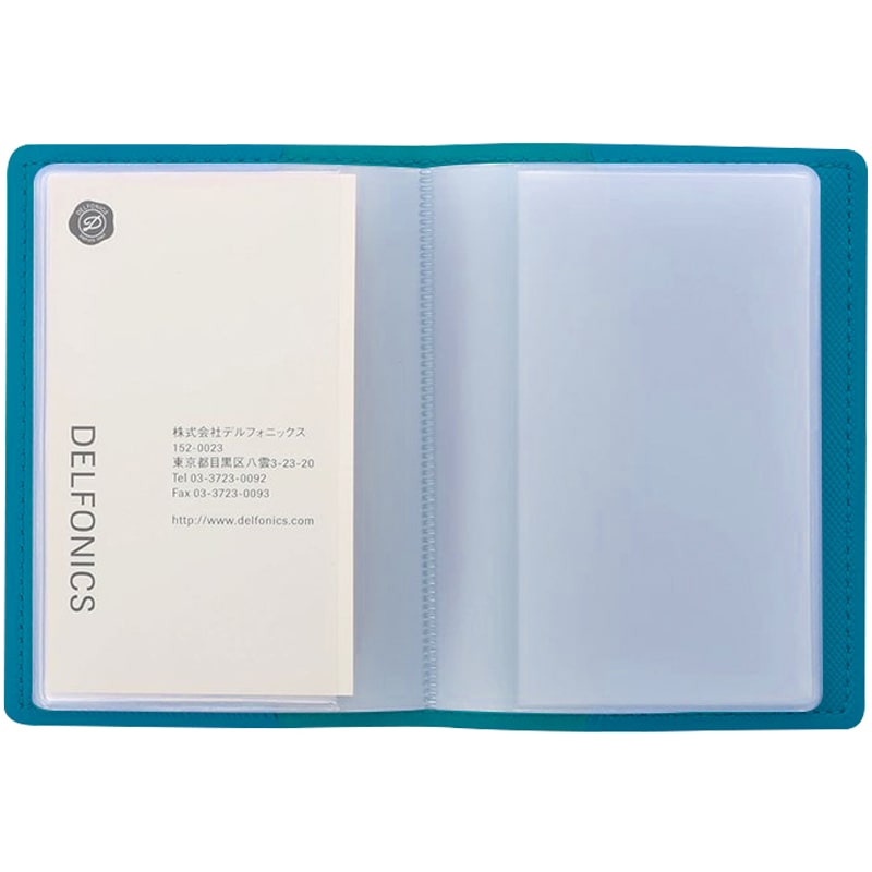 Delfonics Quitterie Small Card File - Turquoise - shown open to show sleeve that holds business cards