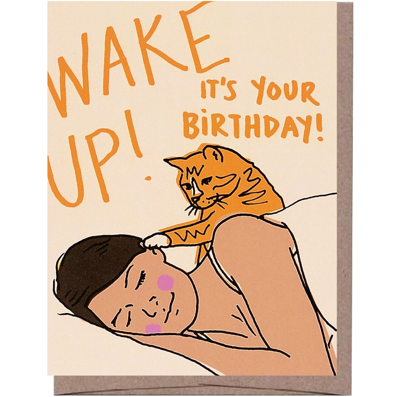 La Familia Green Wake Up Cat Birthday Greeting Card