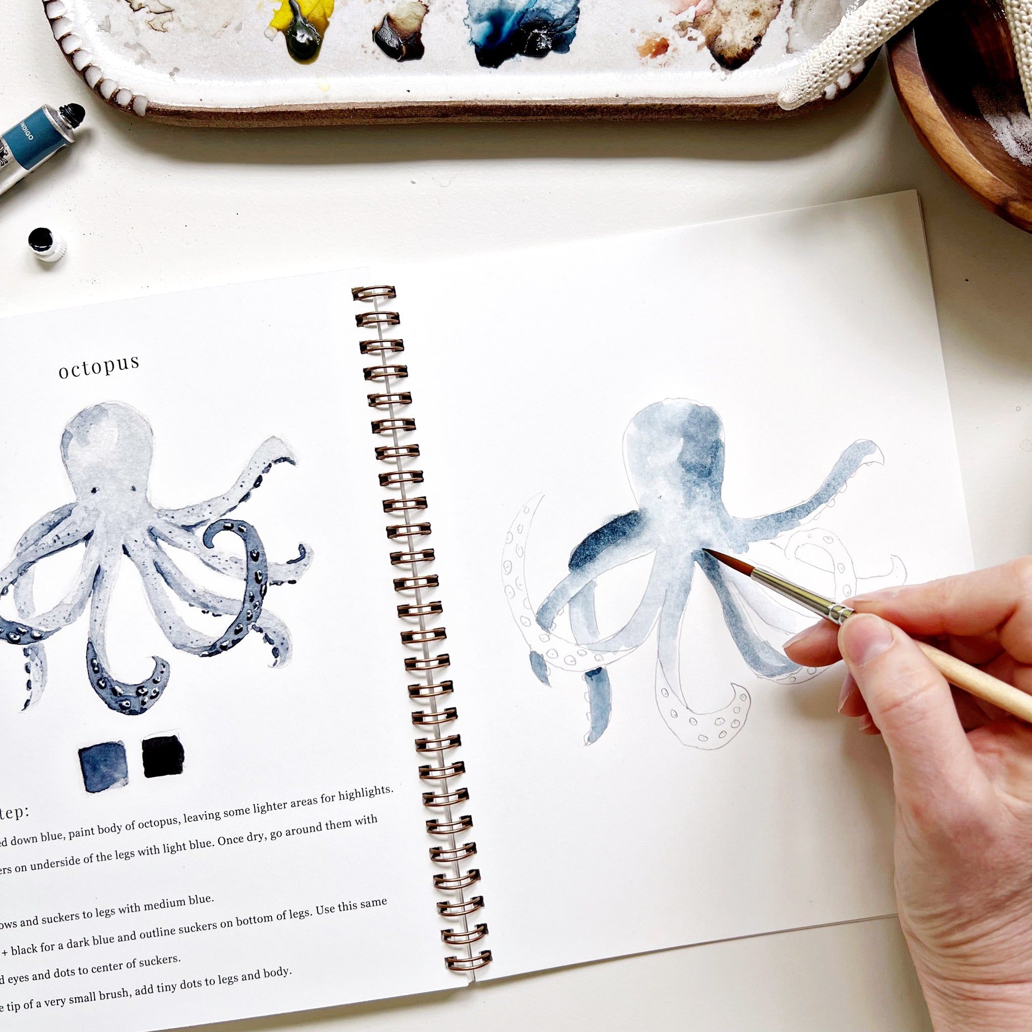 Emily Lex Studio Seaside Watercolor Workbook - Painted octopus shown