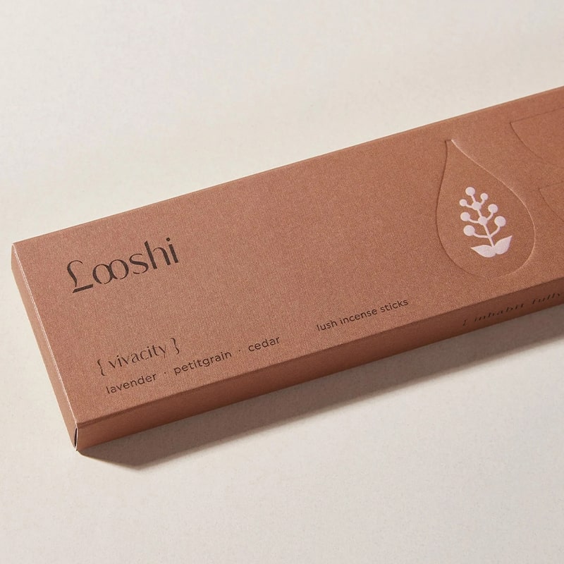 Looshi Vivacity Incense - Close up of packaging
