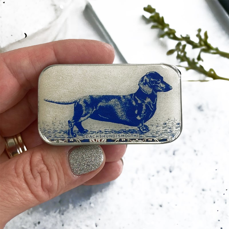 Firefly Notes Dachshund Notions Tin - Small - Product shown in models hand
