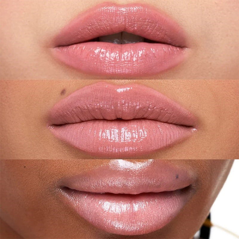 Kosas Wet Stick Moisturizing Lip Shine - Baby Rose - Product shown on models with different skin tones