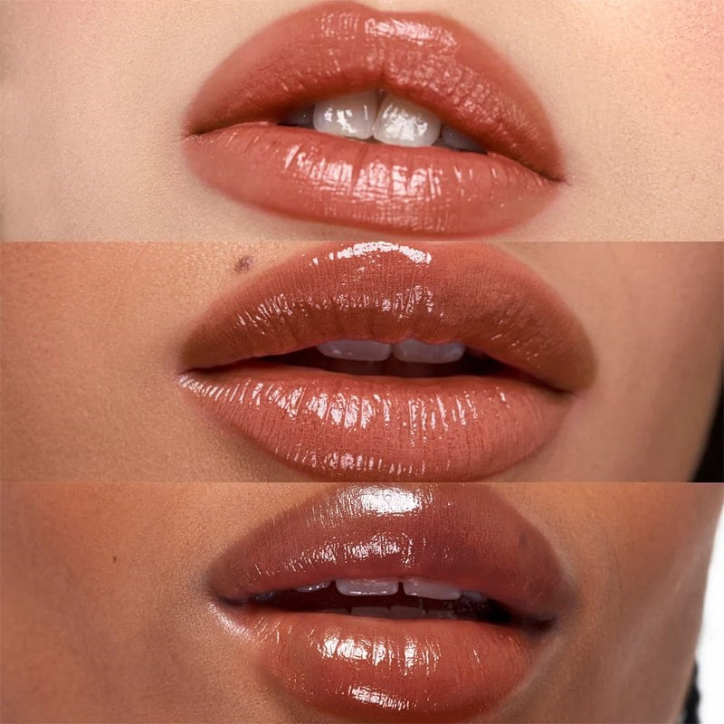 Kosas Wet Stick Moisturizing Lip Shine - Sunset Simmer - Product shown on models with different skin tones