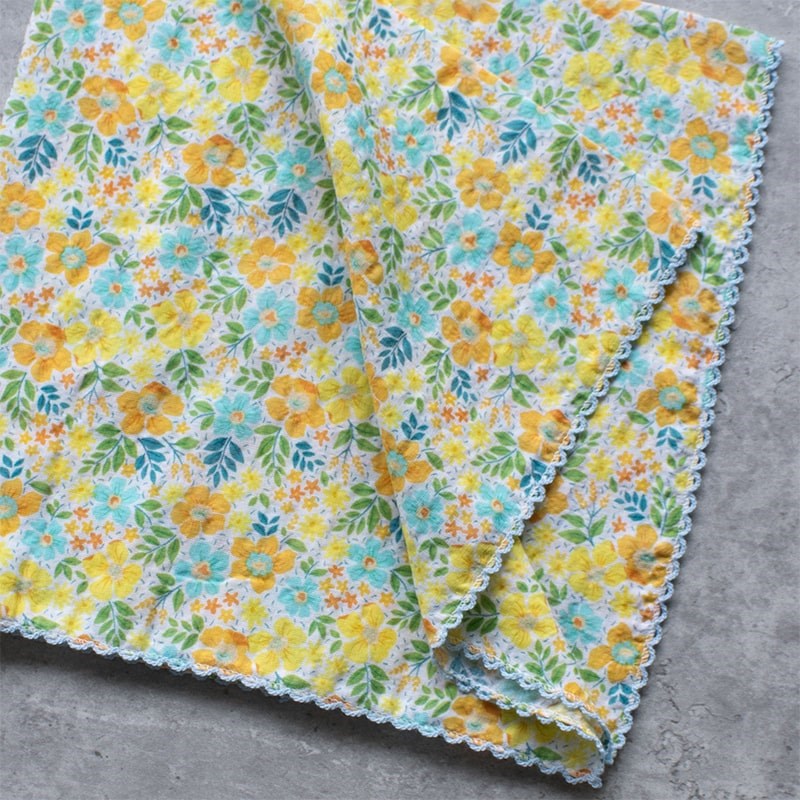 Tiepology Tropical Floral Cotton Scarf - Mint/Yellow - Closeup of product pattern