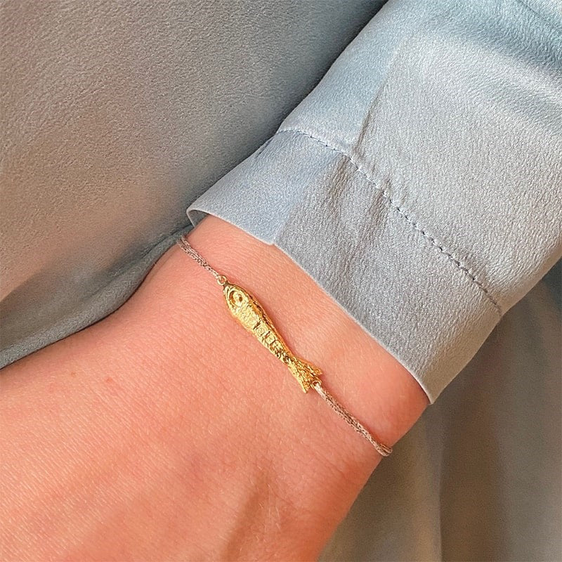 Sophie Deschamps Bijoux Ablette Gold Plated Fish Bracelet - Closeup of product on models wrist