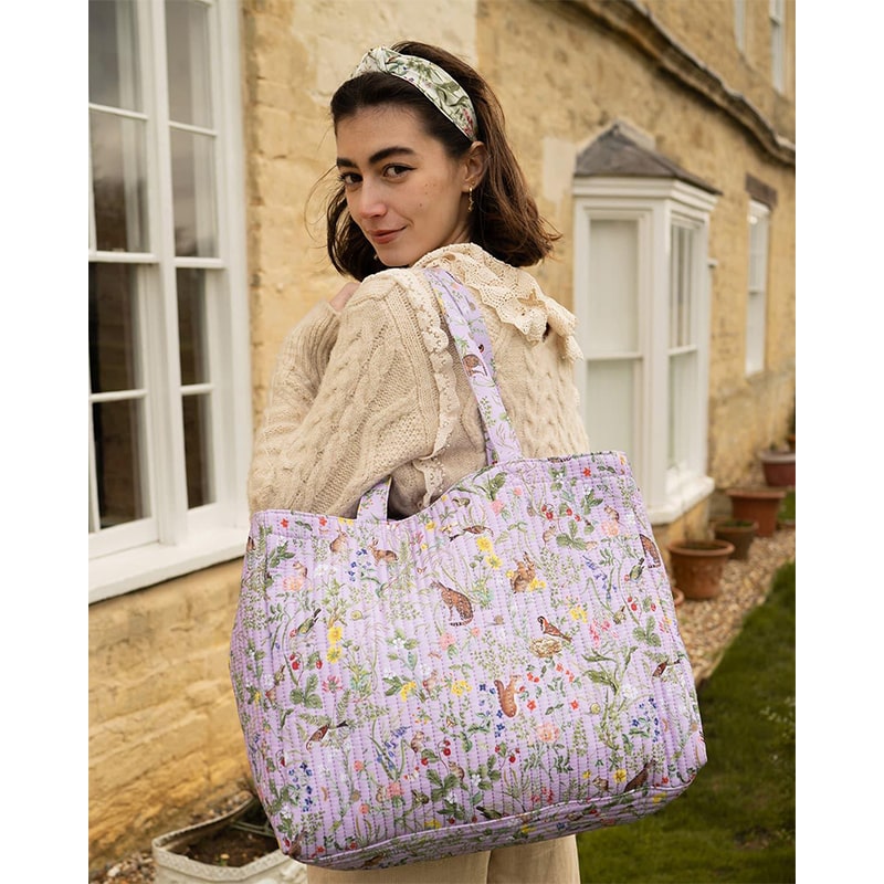 Fable England Fable Meadow Creatures Lilac Quilted Tote - Model shown with product on shoulder